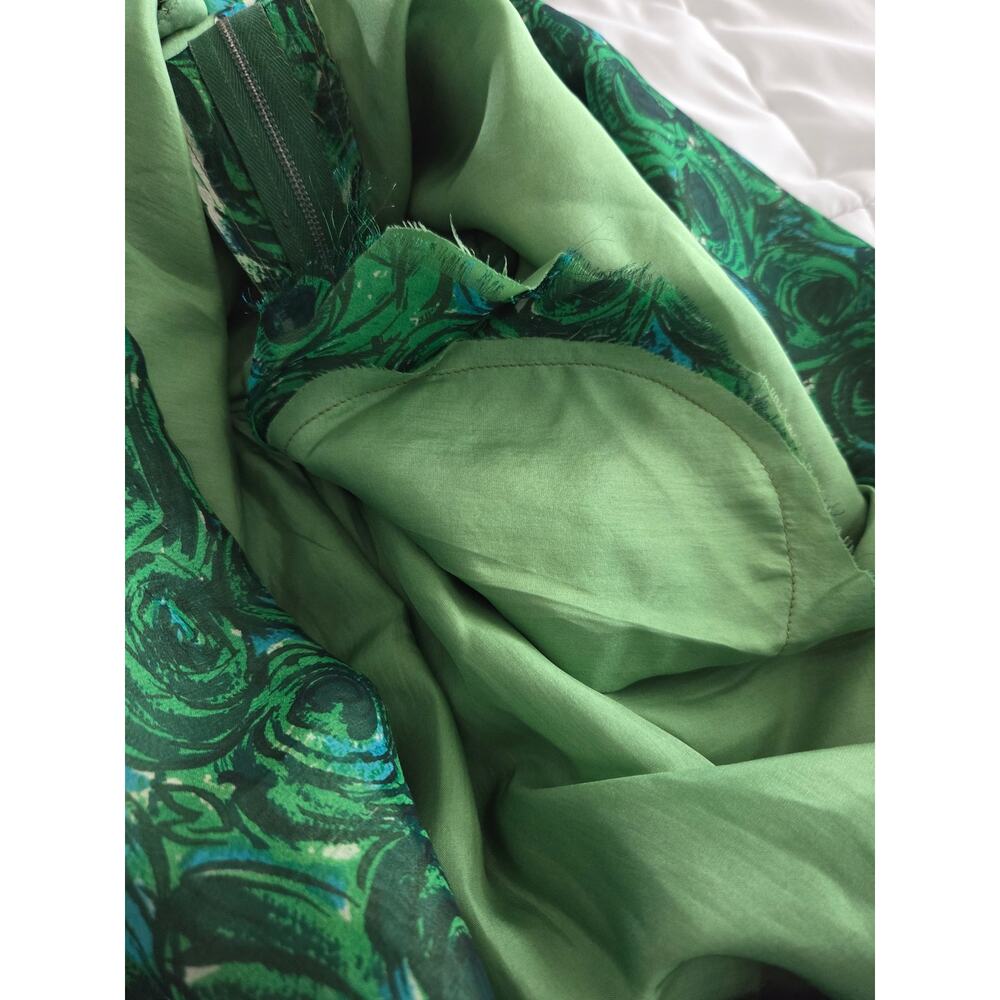 Vintage 60s Mod Psychedelic Swirl Dress Small Pockets Raw Silk Shantung Green - Picture 10 of 10